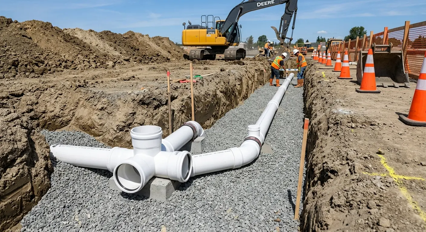 New PVC sewer pipe installation in open trench for Sewer Backup in Coronado