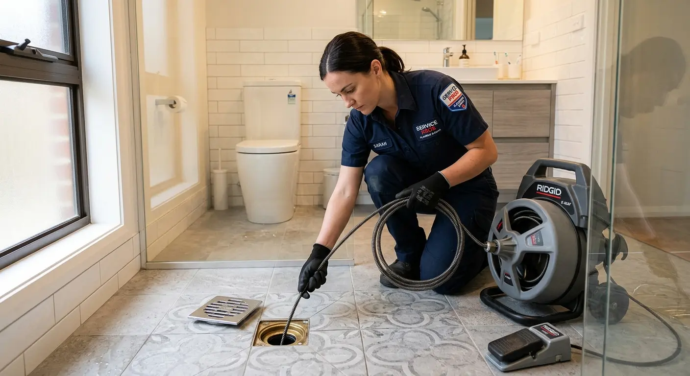 Technician clearing a bathroom floor drain for Drain Cleaning in Coronado